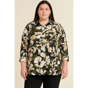 Chicos Womens Blouse Tunic Large Camouflage 3/4 Sleeve Collared Office Career